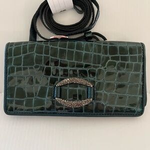 Brighton Jane Teal Green Croc Embossed Shiny Patent Leather Wallet Crossbody